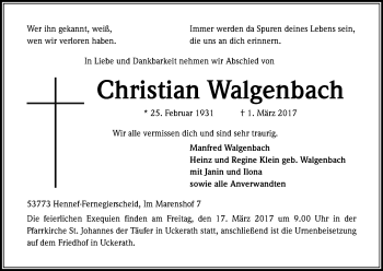 Anzeige von Christian Walgenbach von Kölner Stadt-Anzeiger / Kölnische Rundschau / Express
