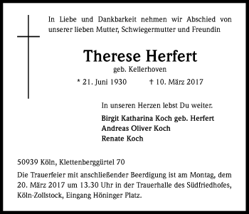 Anzeige von Therese Herfert von Kölner Stadt-Anzeiger / Kölnische Rundschau / Express