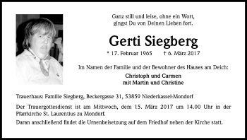 Anzeige von Gerti Siegberg von Kölner Stadt-Anzeiger / Kölnische Rundschau / Express