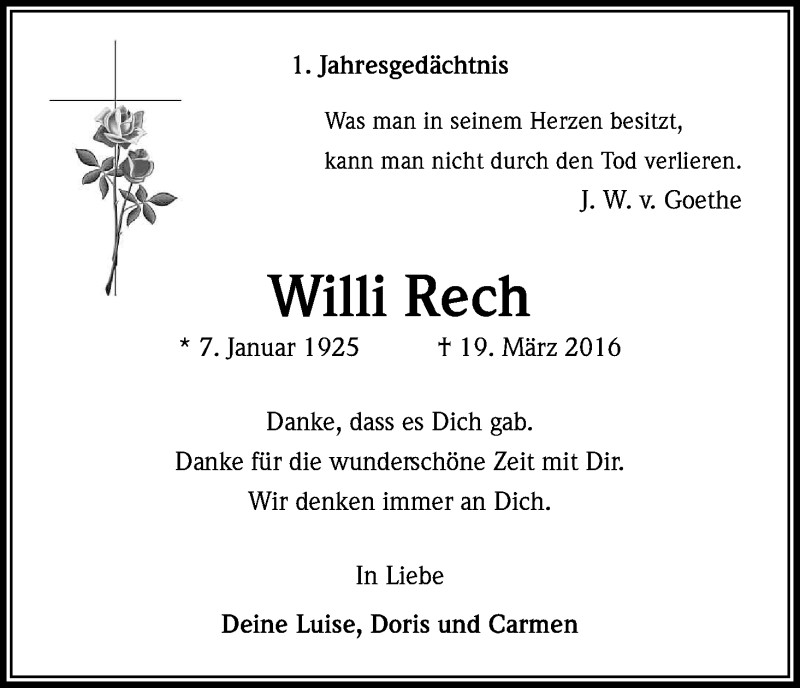  Traueranzeige für Willi Rech vom 18.03.2017 aus Kölner Stadt-Anzeiger / Kölnische Rundschau / Express
