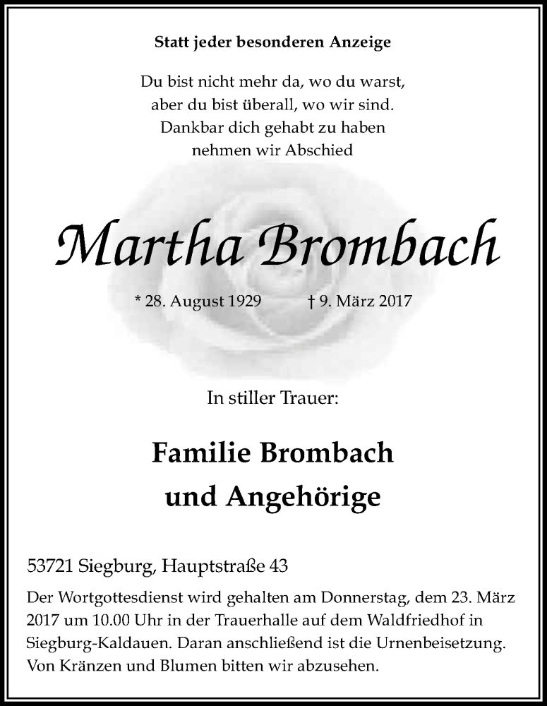  Traueranzeige für Martha Brombach vom 18.03.2017 aus Kölner Stadt-Anzeiger / Kölnische Rundschau / Express