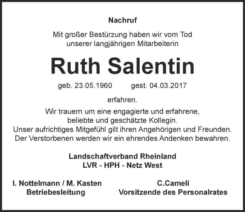  Traueranzeige für Ruth Salentin vom 18.03.2017 aus  Blickpunkt Euskirchen 