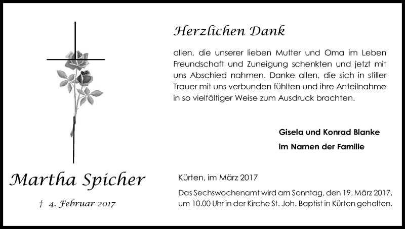  Traueranzeige für Martha Spicher vom 11.03.2017 aus Kölner Stadt-Anzeiger / Kölnische Rundschau / Express