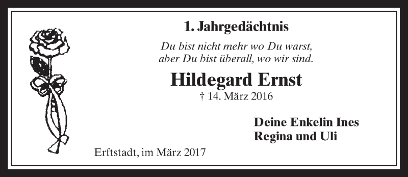  Traueranzeige für Hildegard Ernst vom 15.03.2017 aus  Werbepost 