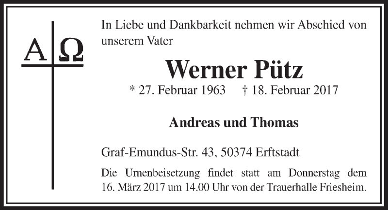  Traueranzeige für Werner Pütz vom 11.03.2017 aus  Sonntags-Post 