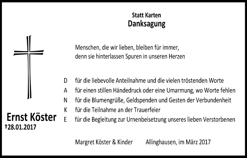  Traueranzeige für Ernst Köster vom 15.03.2017 aus  Anzeigen Echo 