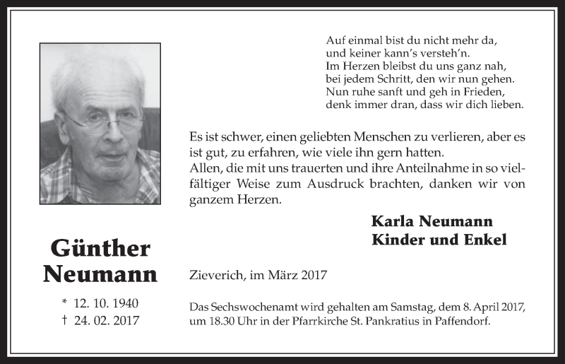  Traueranzeige für Günther Neumann vom 29.03.2017 aus  Werbepost 