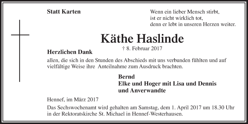  Traueranzeige für Käthe Haslinde vom 22.03.2017 aus  Extra Blatt 