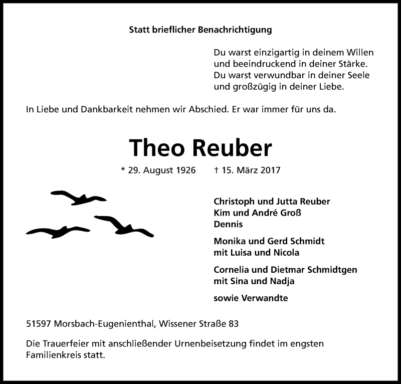  Traueranzeige für Theo Reuber vom 20.03.2017 aus Kölner Stadt-Anzeiger / Kölnische Rundschau / Express