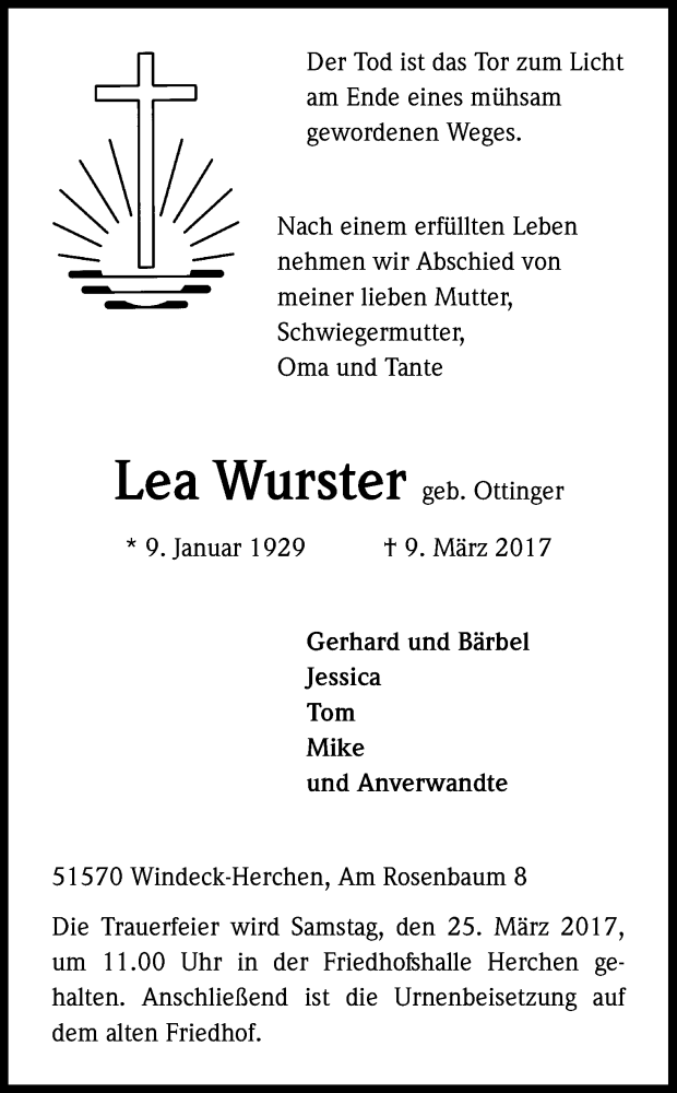  Traueranzeige für Lea Wurster vom 21.03.2017 aus Kölner Stadt-Anzeiger / Kölnische Rundschau / Express