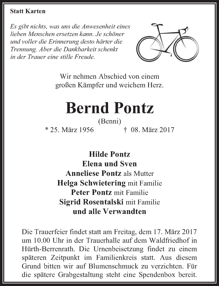  Traueranzeige für Bernd Pontz vom 15.03.2017 aus  Wochenende 