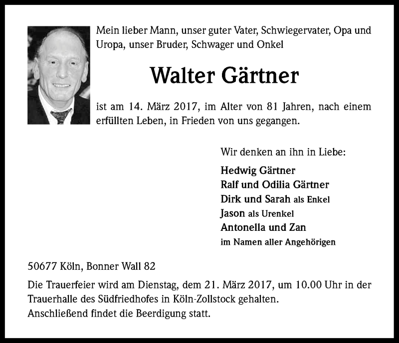  Traueranzeige für Walter Gärtner vom 18.03.2017 aus Kölner Stadt-Anzeiger / Kölnische Rundschau / Express