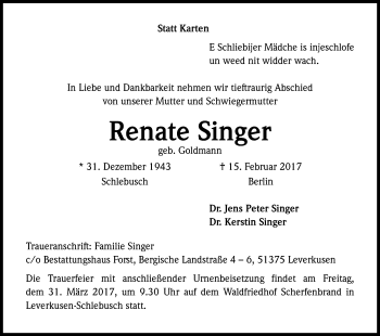 Anzeige von Renate Singer von Kölner Stadt-Anzeiger / Kölnische Rundschau / Express