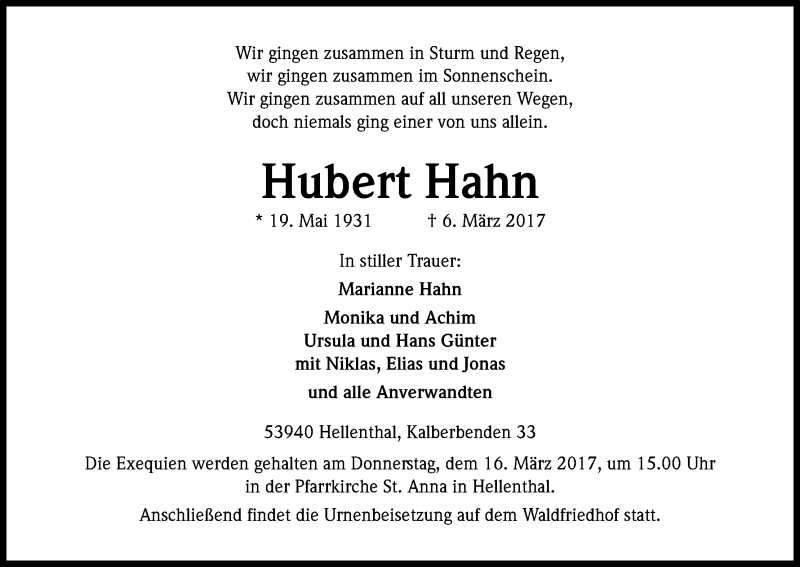  Traueranzeige für Hubert Hahn vom 11.03.2017 aus Kölner Stadt-Anzeiger / Kölnische Rundschau / Express
