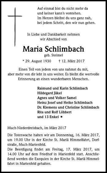 Anzeige von Maria Schlimbach von Kölner Stadt-Anzeiger / Kölnische Rundschau / Express