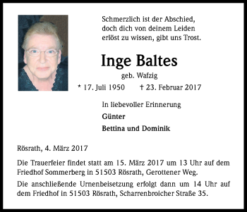 Anzeige von Inge Baltes von Kölner Stadt-Anzeiger / Kölnische Rundschau / Express
