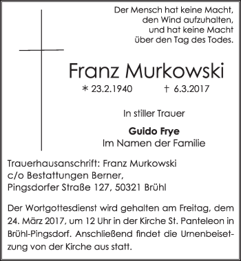 Anzeige von Franz Murkowski von  Schlossbote/Werbekurier 