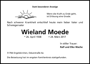 Anzeige von Wieland Moede von Kölner Stadt-Anzeiger / Kölnische Rundschau / Express