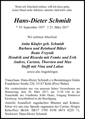 Anzeige von Hans-Dieter Schmidt von Kölner Stadt-Anzeiger / Kölnische Rundschau / Express