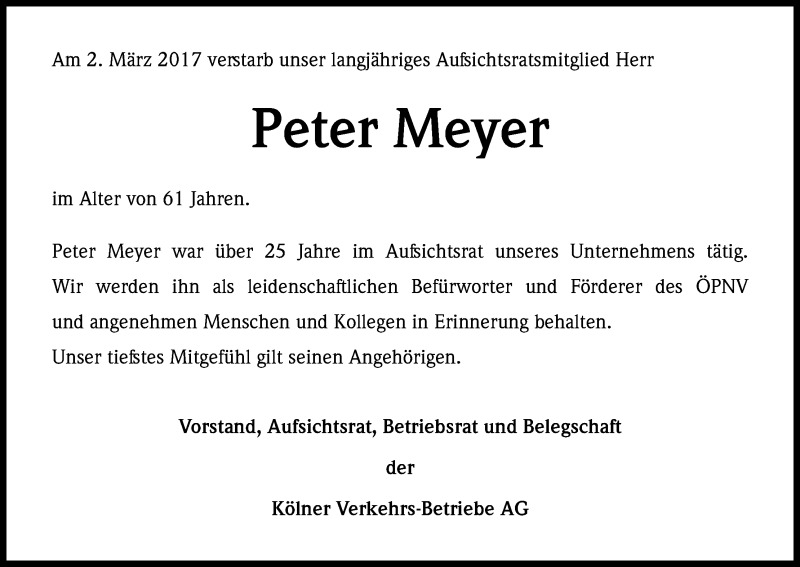  Traueranzeige für Peter Meyer vom 07.03.2017 aus Kölner Stadt-Anzeiger / Kölnische Rundschau / Express