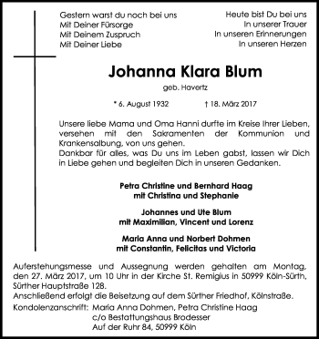 Anzeige von Johanna Klara Blum von Kölner Stadt-Anzeiger / Kölnische Rundschau / Express