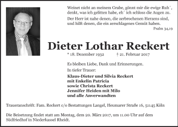 Anzeige von Dieter Lothar Reckert von  Kölner Wochenspiegel  Extra Blatt 