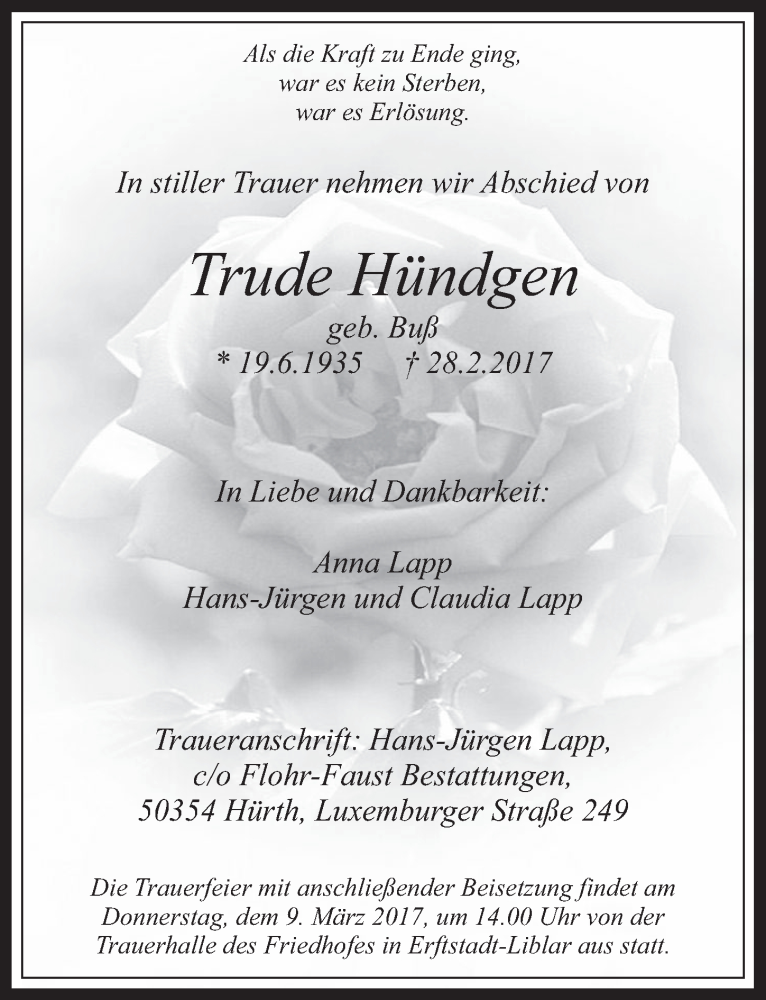  Traueranzeige für Trude Hündgen vom 08.03.2017 aus  Werbepost 