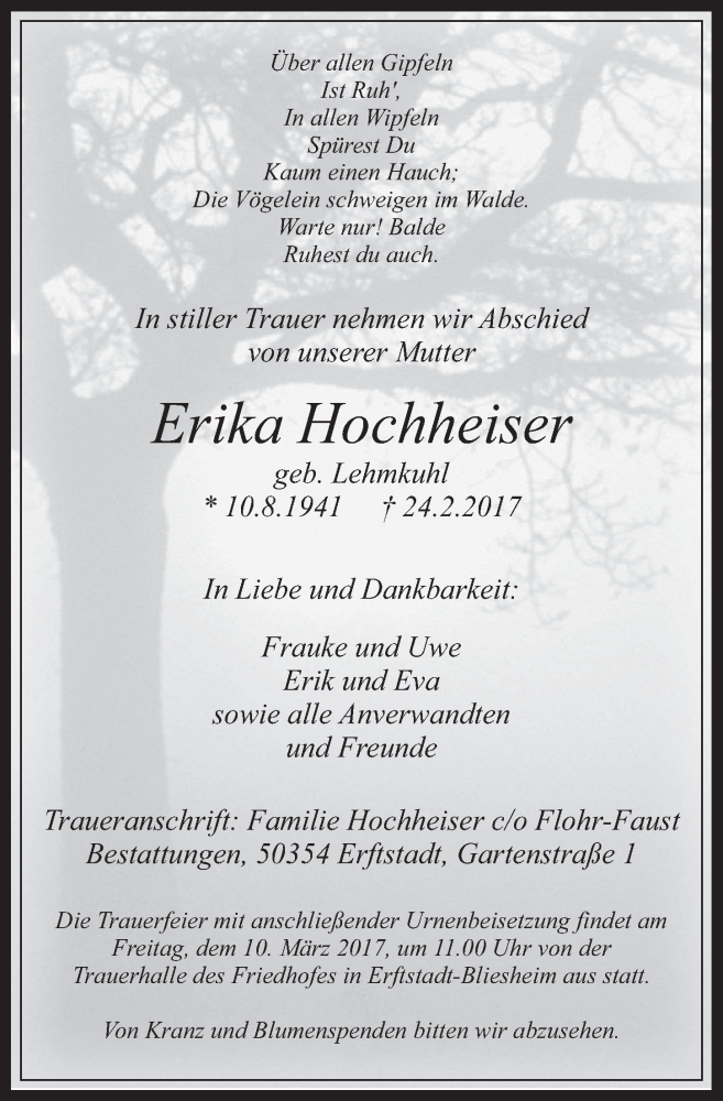  Traueranzeige für Erika Hochheiser vom 08.03.2017 aus  Werbepost 