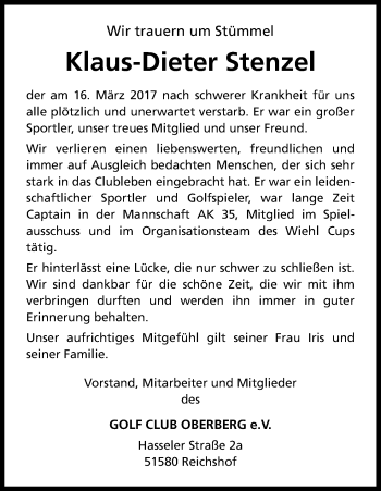 Anzeige von Klaus-Dieter Stenzel von Kölner Stadt-Anzeiger / Kölnische Rundschau / Express