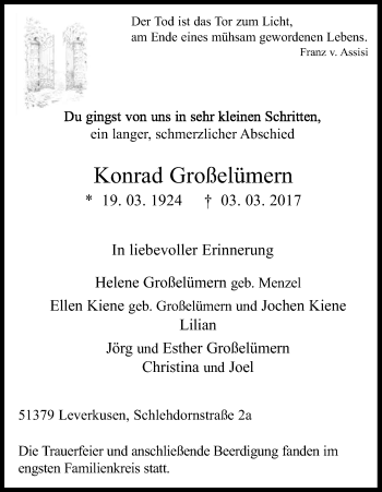 Anzeige von Konrad Großelümern von Kölner Stadt-Anzeiger / Kölnische Rundschau / Express