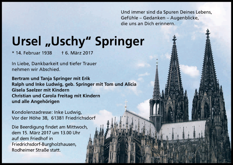  Traueranzeige für Ursel Springer vom 11.03.2017 aus Kölner Stadt-Anzeiger / Kölnische Rundschau / Express