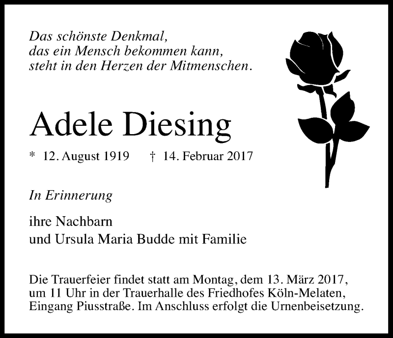  Traueranzeige für Adele Diesing vom 04.03.2017 aus Kölner Stadt-Anzeiger / Kölnische Rundschau / Express
