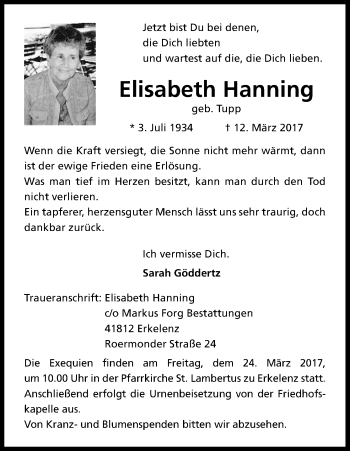 Anzeige von Elisabeth Hanning von Kölner Stadt-Anzeiger / Kölnische Rundschau / Express