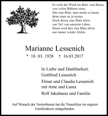 Anzeige von Marianne Lessenich von Kölner Stadt-Anzeiger / Kölnische Rundschau / Express