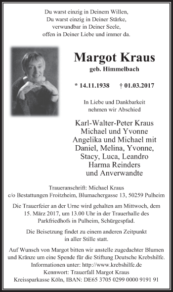 Anzeige von Margot Kraus von  Wochenende 