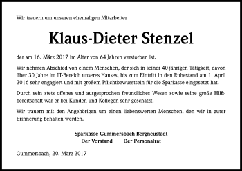 Anzeige von Kaus-Dieter Stenzel von Kölner Stadt-Anzeiger / Kölnische Rundschau / Express