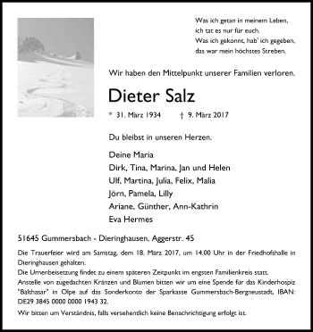Anzeige von Dieter Salz von Kölner Stadt-Anzeiger / Kölnische Rundschau / Express