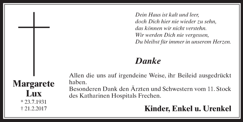 Traueranzeige für Margarete Lux vom 18.03.2017 aus  Sonntags-Post 