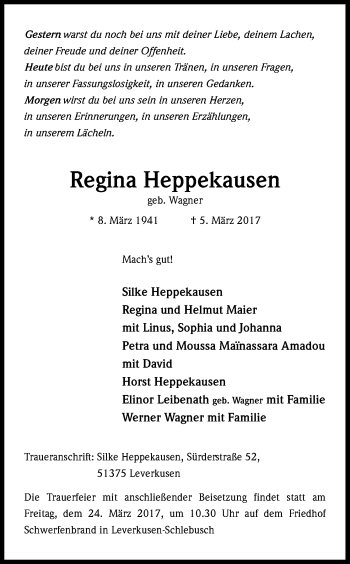 Anzeige von Regina Heppekausen von Kölner Stadt-Anzeiger / Kölnische Rundschau / Express