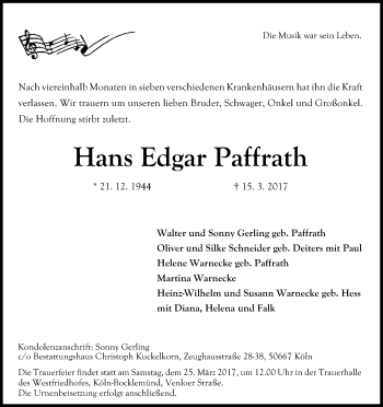 Anzeige von Hans Edgar Paffrath von Kölner Stadt-Anzeiger / Kölnische Rundschau / Express