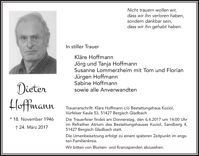 Traueranzeige für Dieter Hoffmann vom 01.04.2017 aus  Bergisches Sonntagsblatt 