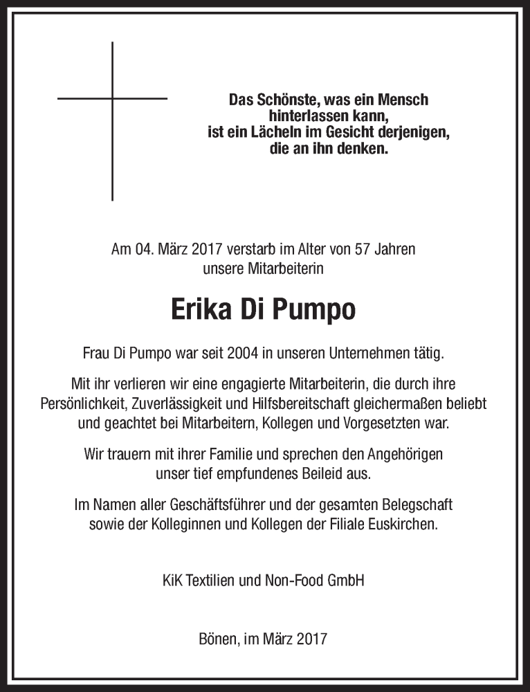  Traueranzeige für Erika Di Pumpo vom 11.03.2017 aus  Blickpunkt Euskirchen 