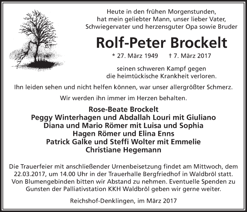  Traueranzeige für Rolf-Peter Brockelt vom 15.03.2017 aus  Lokalanzeiger 