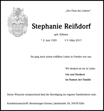 Anzeige von Stephanie Reißdorf von Kölner Stadt-Anzeiger / Kölnische Rundschau / Express
