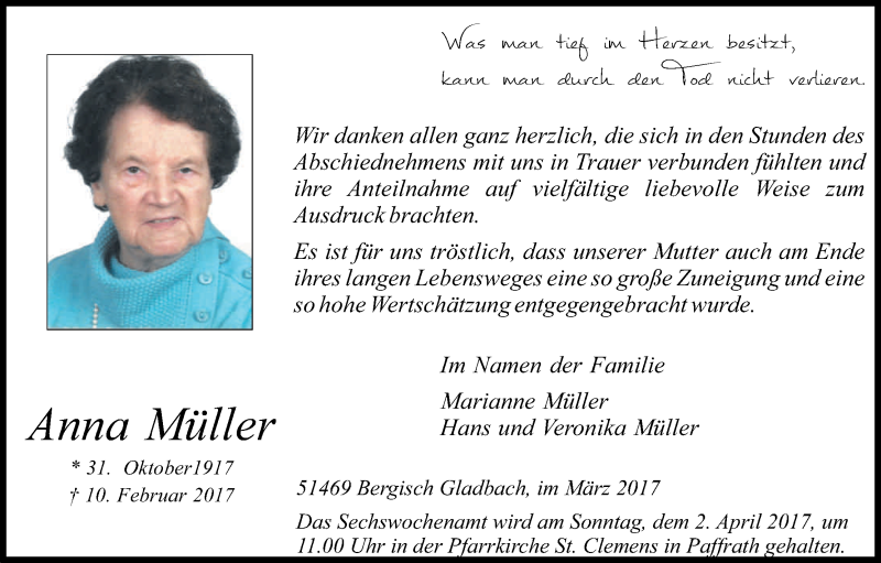  Traueranzeige für Anna Müller vom 18.03.2017 aus Kölner Stadt-Anzeiger / Kölnische Rundschau / Express