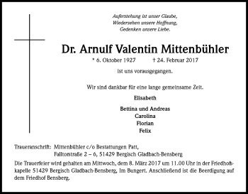 Anzeige von Arnulf Valentin Mittenbühler von Kölner Stadt-Anzeiger / Kölnische Rundschau / Express