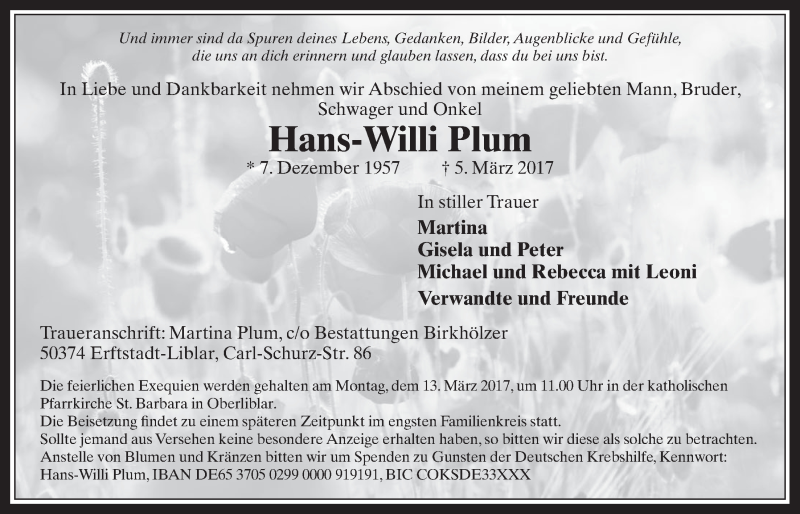  Traueranzeige für Hans-Willi Plum vom 08.03.2017 aus  Wochenende  Werbepost 