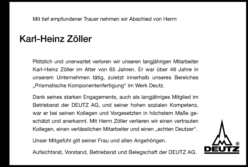  Traueranzeige für Karl-Heinz Zöller vom 25.03.2017 aus Kölner Stadt-Anzeiger / Kölnische Rundschau / Express