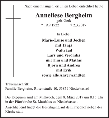 Anzeige von Anneliese Bergheim von  Extra Blatt 
