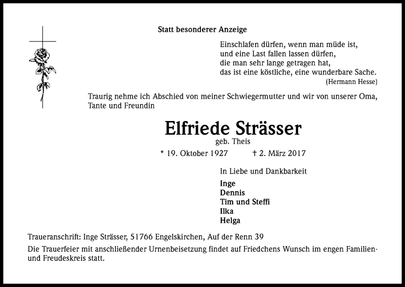  Traueranzeige für Elfriede Strässer vom 08.03.2017 aus Kölner Stadt-Anzeiger / Kölnische Rundschau / Express
